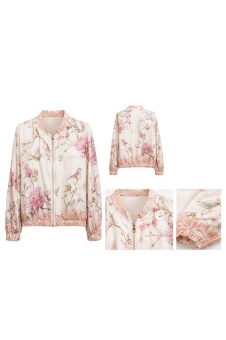 Jacke mit Blumenmuster und Vogel rosa/beige/grün - One Size