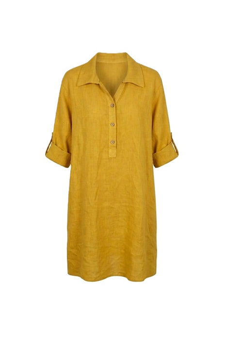 Robe longue en lin à manches longues moutarde - Taille unique