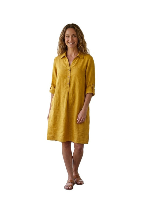Robe longue en lin à manches longues moutarde - Taille unique
