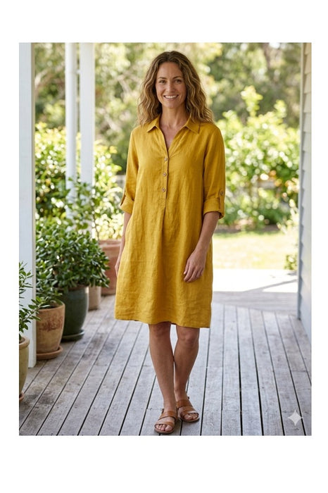 Robe longue en lin à manches longues moutarde - Taille unique