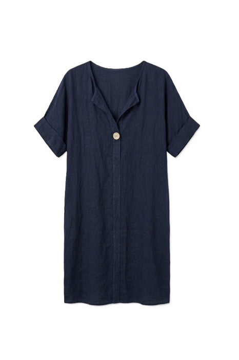 Linen Dress 3/4 Sleeves Navy Blue - One Size