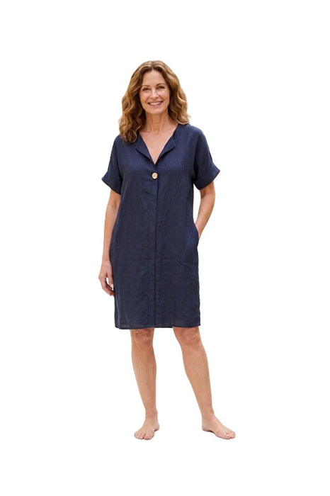 Linen Dress 3/4 Sleeves Navy Blue - One Size