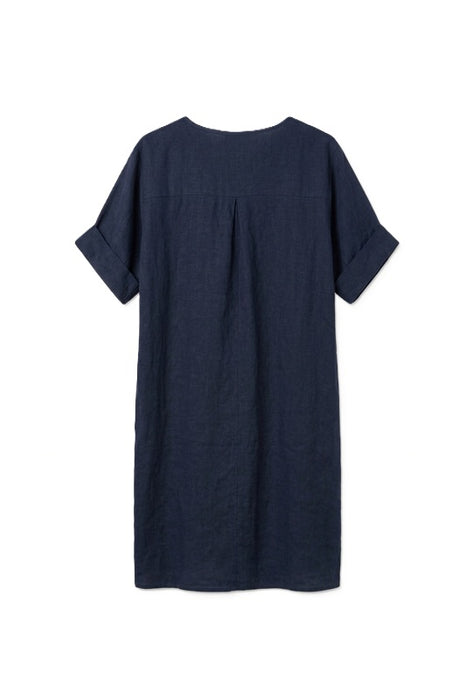 Linen Dress 3/4 Sleeves Navy Blue - One Size