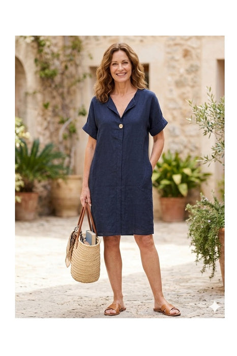 Linen Dress 3/4 Sleeves Navy Blue - One Size