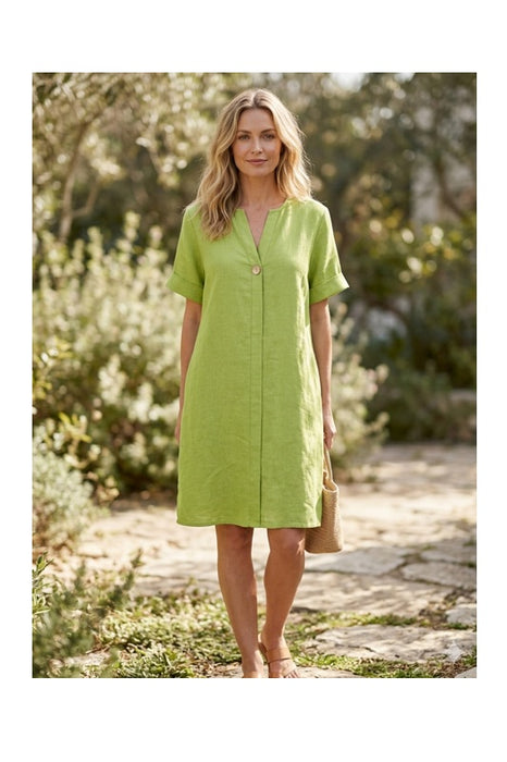 Robe en lin manches 3/4 vert olive - Taille unique