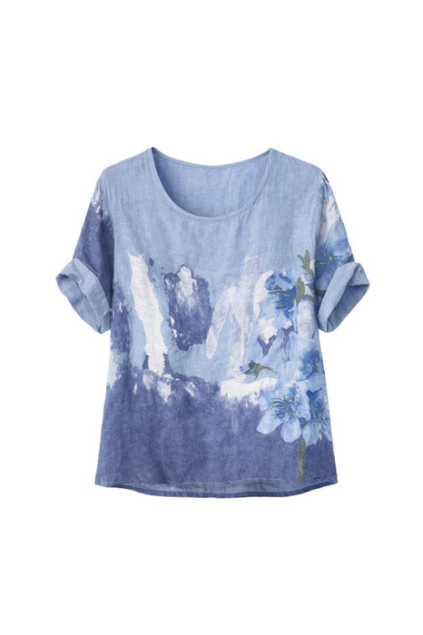 Linen top in denim blue with flowers - One Size