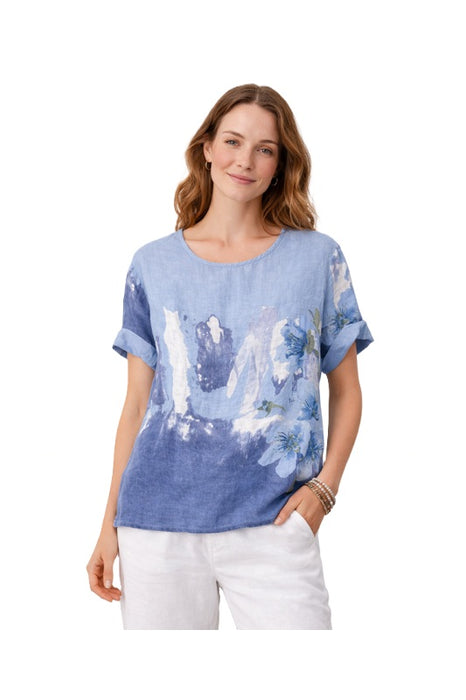 Linen top in denim blue with flowers - One Size