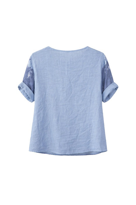 Linen top in denim blue with flowers - One Size