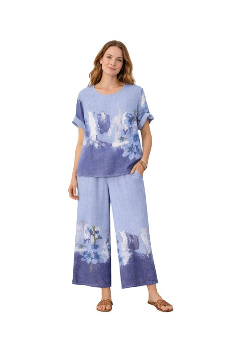 Linen top in denim blue with flowers - One Size