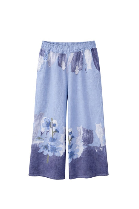Leinenhose jeansblau mit Blumen - One Size