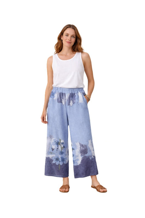 Leinenhose jeansblau mit Blumen - One Size
