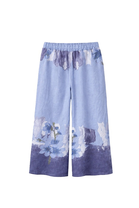 Leinenhose jeansblau mit Blumen - One Size