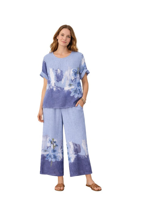 Leinenhose jeansblau mit Blumen - One Size