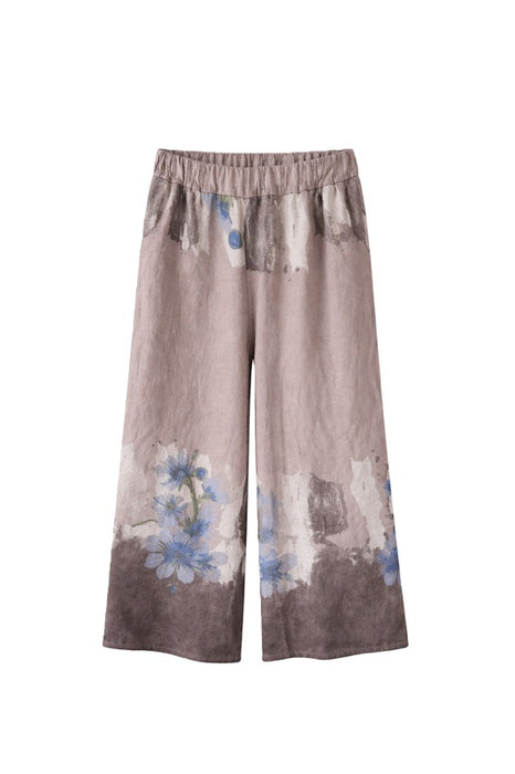 Pantalon en lin taupe à fleurs - Taille unique