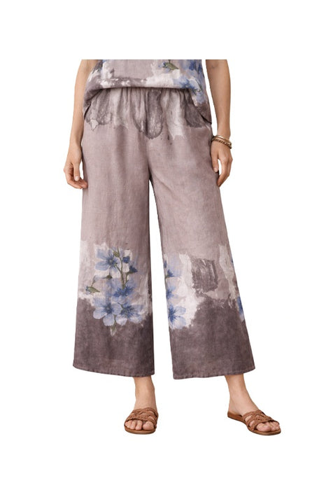 Pantalon en lin taupe à fleurs - Taille unique