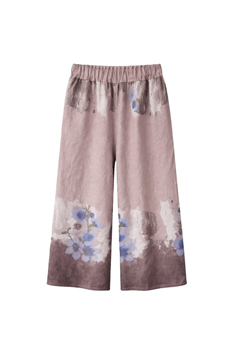 Pantalon en lin taupe à fleurs - Taille unique