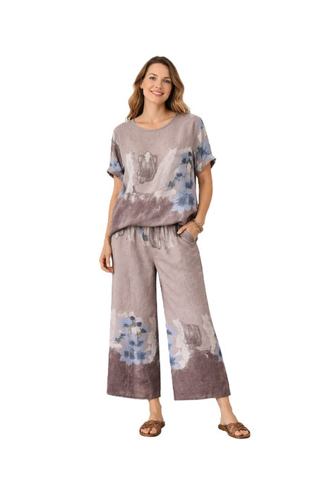 Pantalon en lin taupe à fleurs - Taille unique