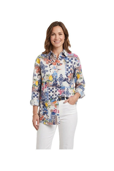 Bluse langarm Baumwolle Blumen/Zitronen - One Size