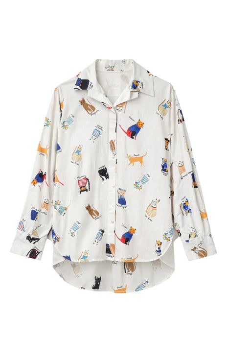 Bluse langarm Baumwolle Katzenmuster - One Size