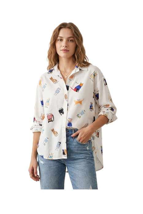 Bluse langarm Baumwolle Katzenmuster - One Size