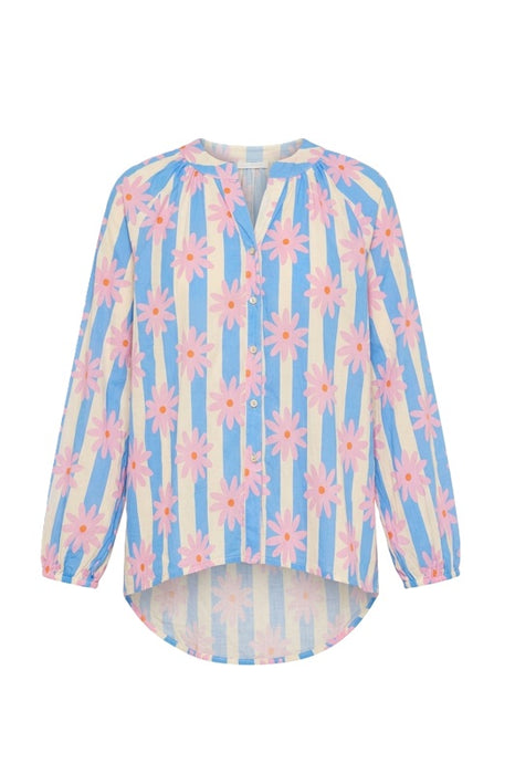 Blouse long sleeve cotton blue/white striped with pink flowers - One Size