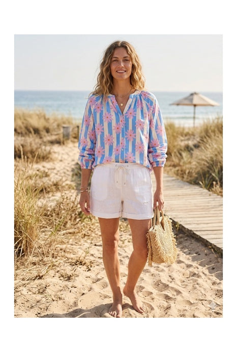 Blouse long sleeve cotton blue/white striped with pink flowers - One Size