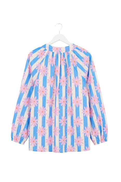 Blouse long sleeve cotton blue/white striped with pink flowers - One Size