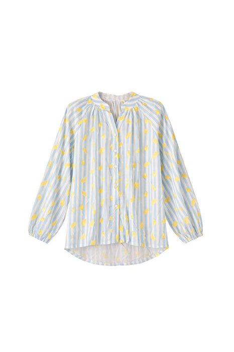 Bluse langarm Baumwolle blau/weiss gestreift mit Zitronen - One Size