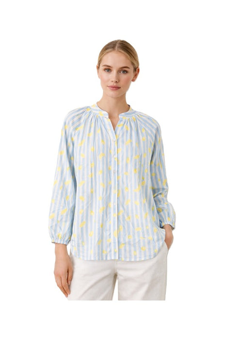 Bluse langarm Baumwolle blau/weiss gestreift mit Zitronen - One Size