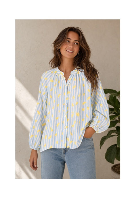 Bluse langarm Baumwolle blau/weiss gestreift mit Zitronen - One Size