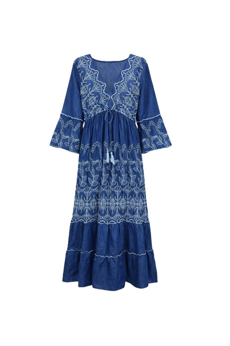 Dress flounced sleeves long cotton denim blue - One Size
