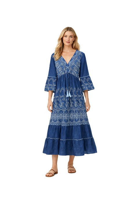 Dress flounced sleeves long cotton denim blue - One Size