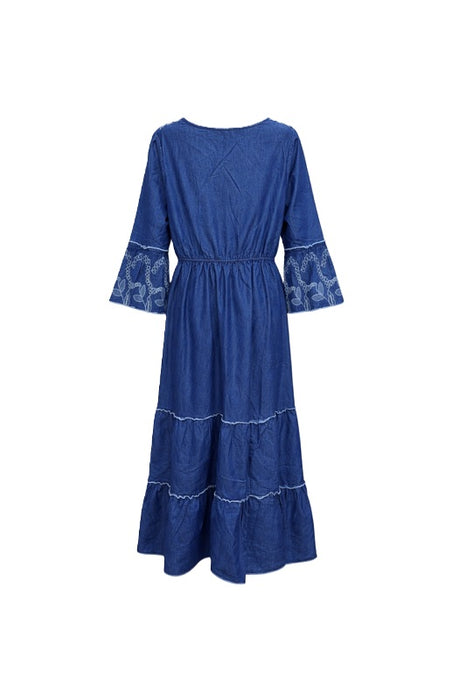 Dress flounced sleeves long cotton denim blue - One Size