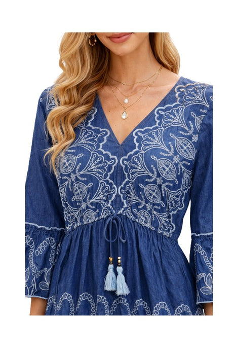 Dress flounced sleeves long cotton denim blue - One Size
