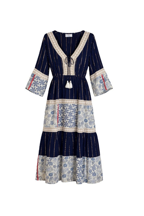 Long dress rayon blue/beige/gold - One Size