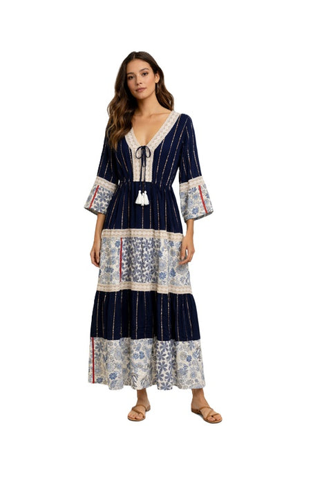 Long dress rayon blue/beige/gold - One Size