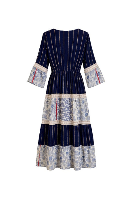 Long dress rayon blue/beige/gold - One Size