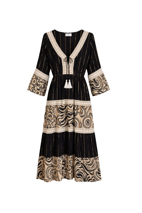 Long rayon dress black/beige/gold - One Size