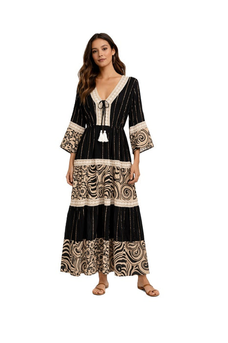 Long rayon dress black/beige/gold - One Size