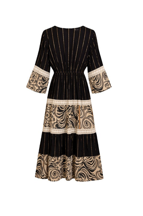 Long rayon dress black/beige/gold - One Size