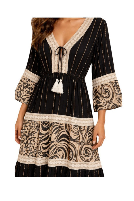 Long rayon dress black/beige/gold - One Size
