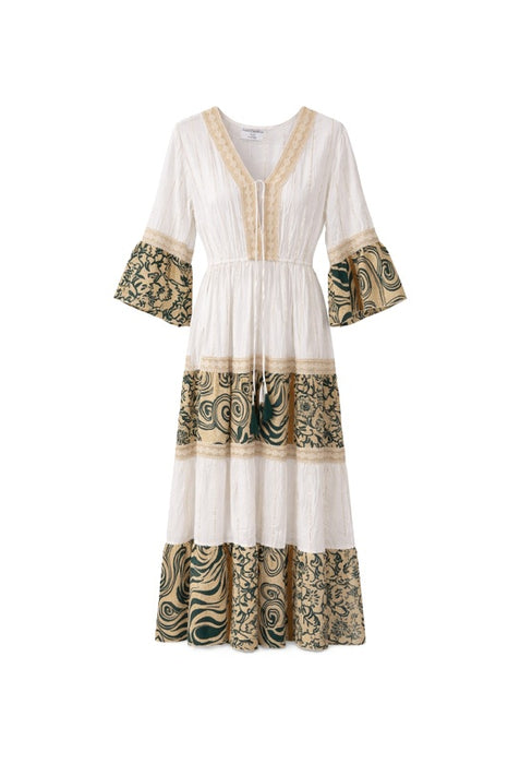 Dress long rayon white/beige/olive green/gold-colored - One Size