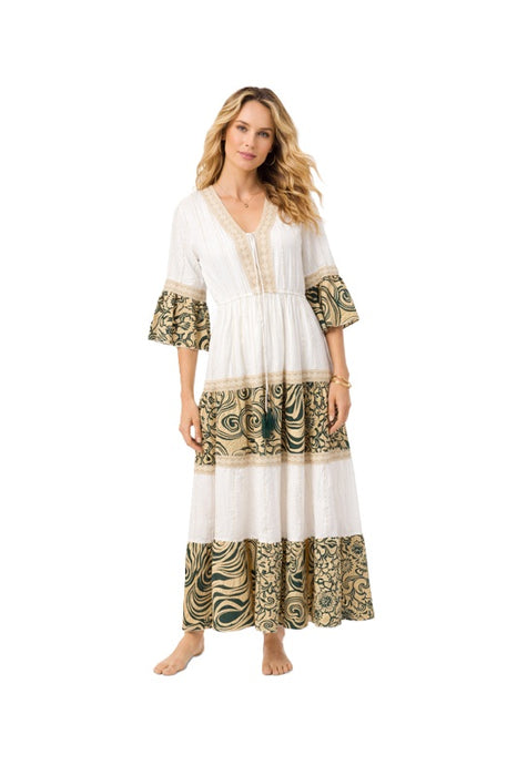 Dress long rayon white/beige/olive green/gold-colored - One Size