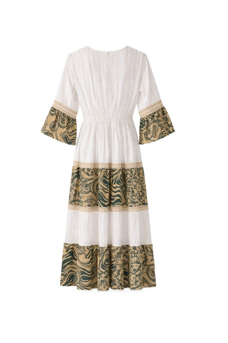 Dress long rayon white/beige/olive green/gold-colored - One Size