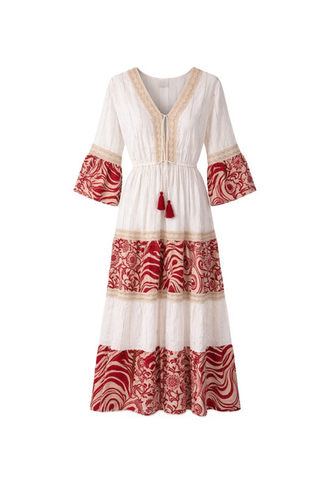 Kleid lang Rayon weiss/rot/goldfarben - One Size