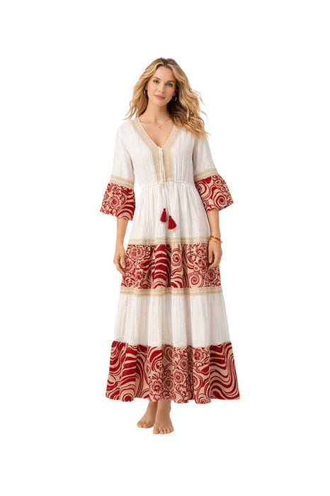 Kleid lang Rayon weiss/rot/goldfarben - One Size