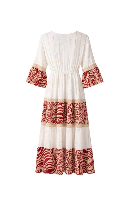 Kleid lang Rayon weiss/rot/goldfarben - One Size