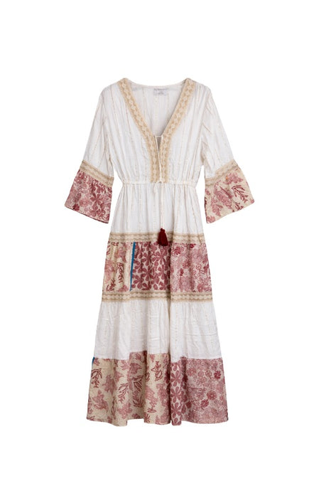 Kleid lang Rayon weiss/beige/rot/goldfarben - One Size