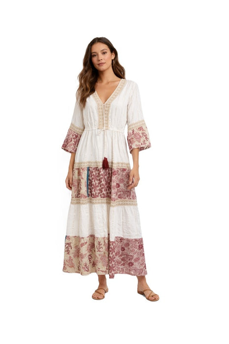 Kleid lang Rayon weiss/beige/rot/goldfarben - One Size
