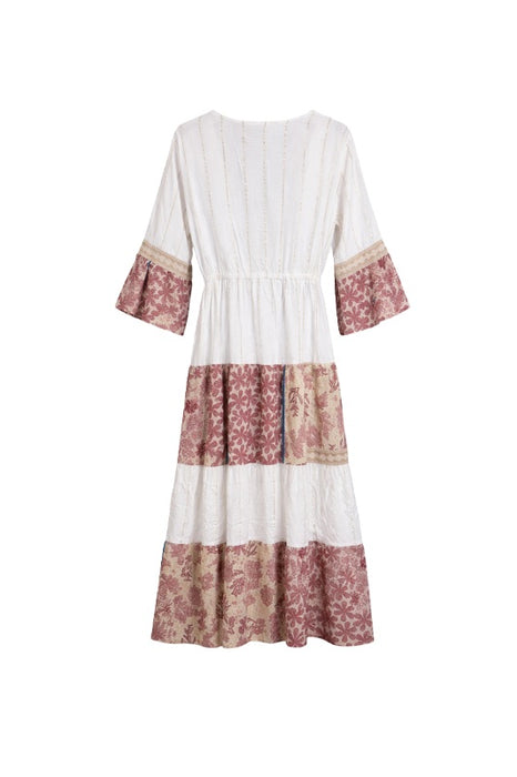 Kleid lang Rayon weiss/beige/rot/goldfarben - One Size